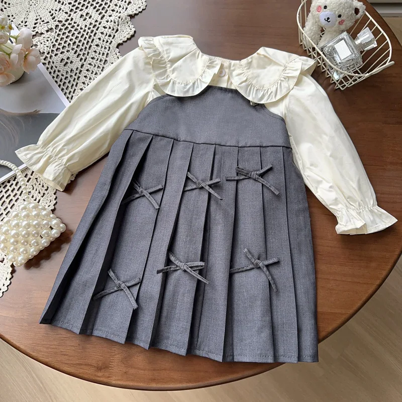 

Children's Academy Style Set New Autumn Girls' Fashionable Pleated Suspender Dress Doll Collar Shirt Two-Piece Set