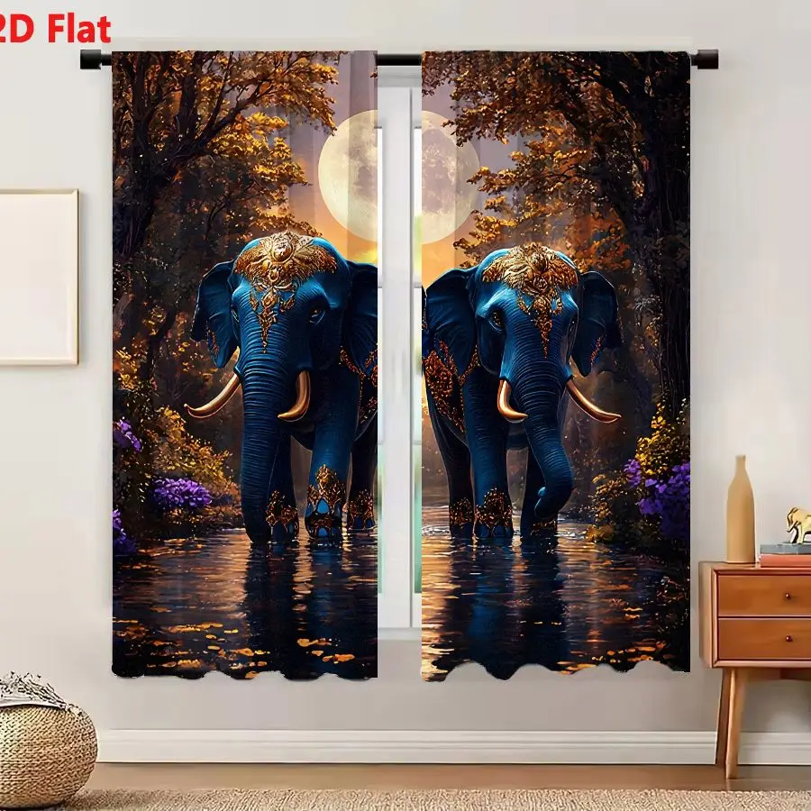 2Pcs Curtains 2D Flat Mystical Forest Twilight Blue Elephants With Golden Patterns In Shallow Water Under Full Moon Window Drape