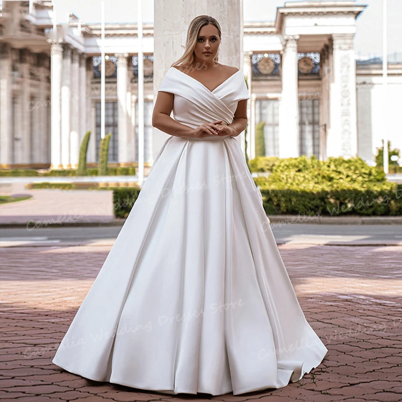 

Gentle Pleat Satin Wedding Dresses Sexy A Line V Neck Off Shoulder Women's Bridal Gowns Sleeveless Formal Elegant Party Vestidos