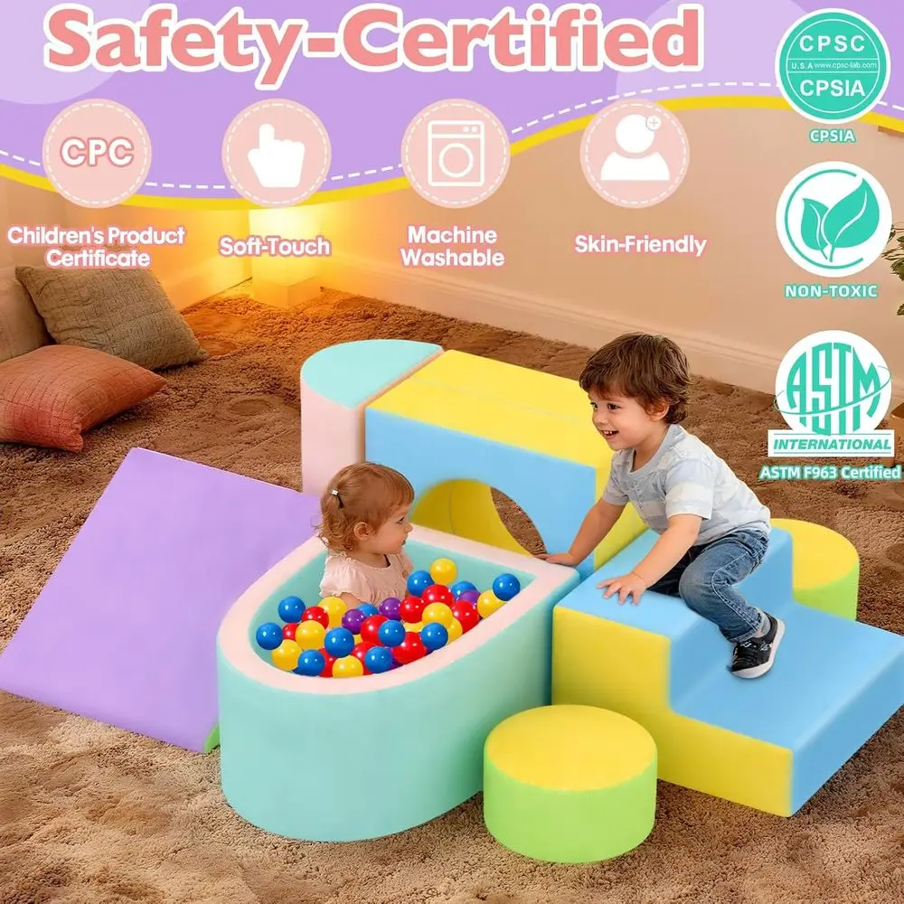 6-częściowy zestaw piankowych klocków do wspinaczki dla maluchów z basenkiem z kulkami, kolorowy miękki zestaw do zabawy dla dzieci w wieku 1-3 lat, zabawki do wspinaczki do użytku w pomieszczeniach (kulki nie są dołączone)