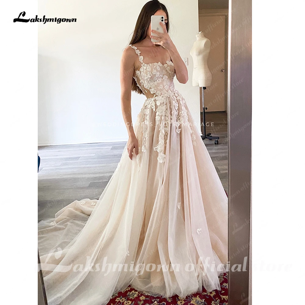 Lakshmigown Hellchampagnerfarbene Hochzeitskleider mit 3D-Blumen, Spaghettiträgern, A-Linie Hochzeitskleid, Strand-Hochzeitskleider nach Maß – Detail 6