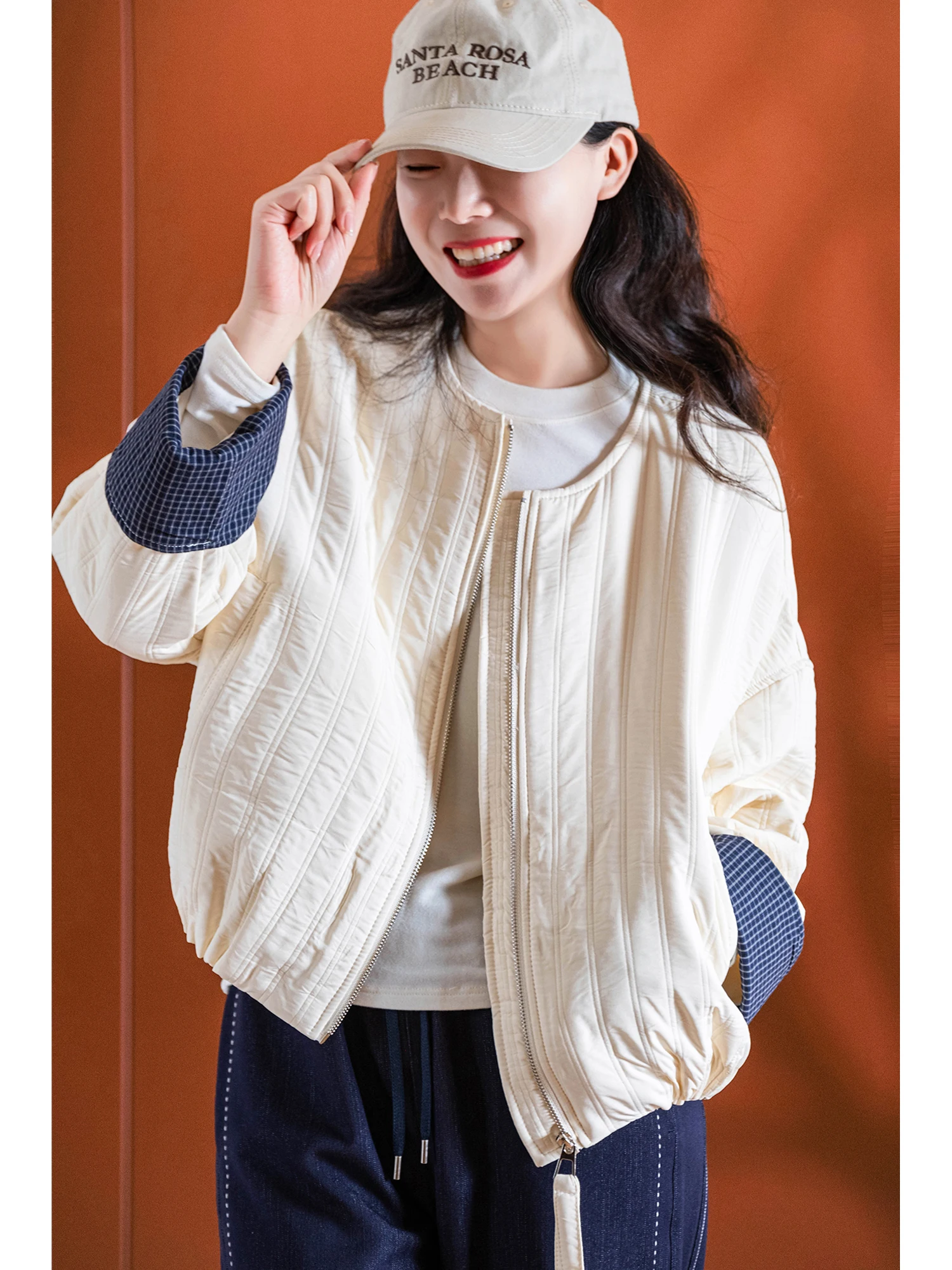 

Warm Casual Loose Cotton Jaet ortened Double Line Horizontal Stripe Filling round Ne Zipper Closure Chinese Brand