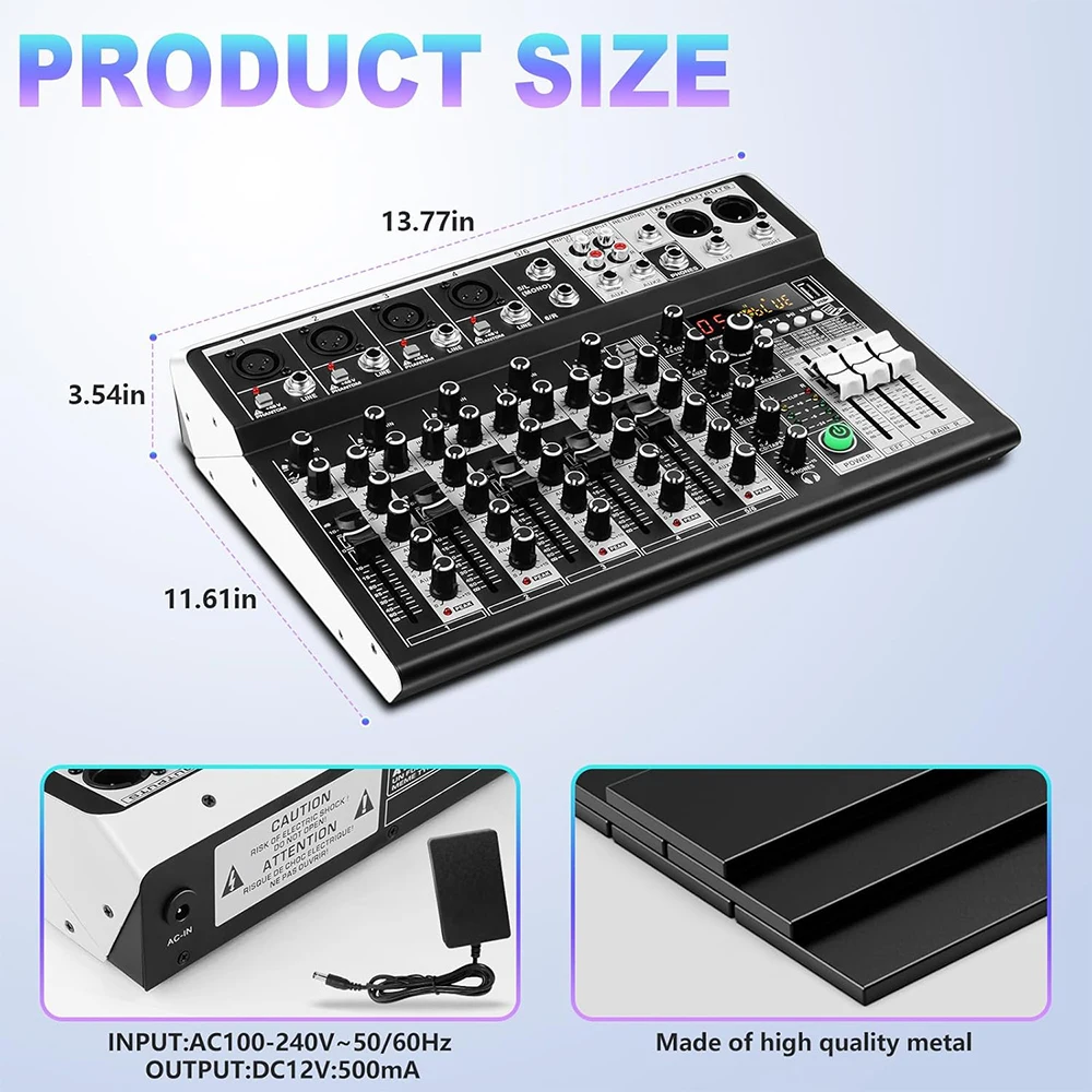 6 Channel Audio Interface Sound Board Mixing Console 16 DSP DJ Mixer Reverb Effect 48V Phantom Bluetooth for Studio Recording