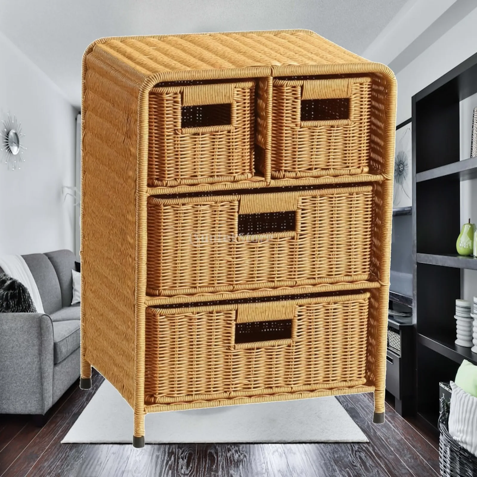 Rattan Bedside Cabinet 4-Drawer Rattan Nightstand Nightstand with Drawers Compact Side Table Boho for Bedroom, Living Room