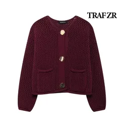 TRAF ZR Knit Jackets Women Summer 2024 American Retro Solid Jacket New in Coats Ladies Fashion Elegant Luxury Women's Coat