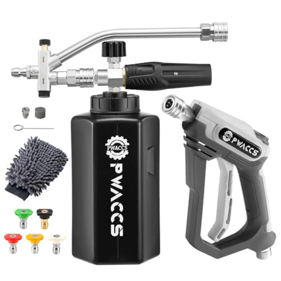 

Car wash foam gun for pressure washer: aluminum body, black color, dual connector compatibility 1/4 quick M22 male,4000 PSI rat