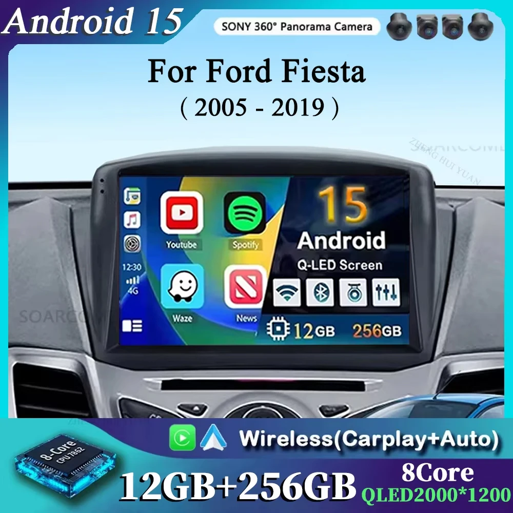 9 Inch Android 15 For Ford Fiesta 2005 - 2019 Car Radio Multimedia Stereo Carplay Navigation GPS DSP DVD Player 2 Din 4G WIFI