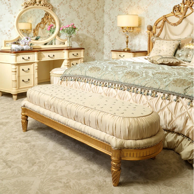 !@Quality Royal Noble Classic Bedroom Furniture Set Antique Golden Solid Wood Carvings King Size Bed With Bed Side Table