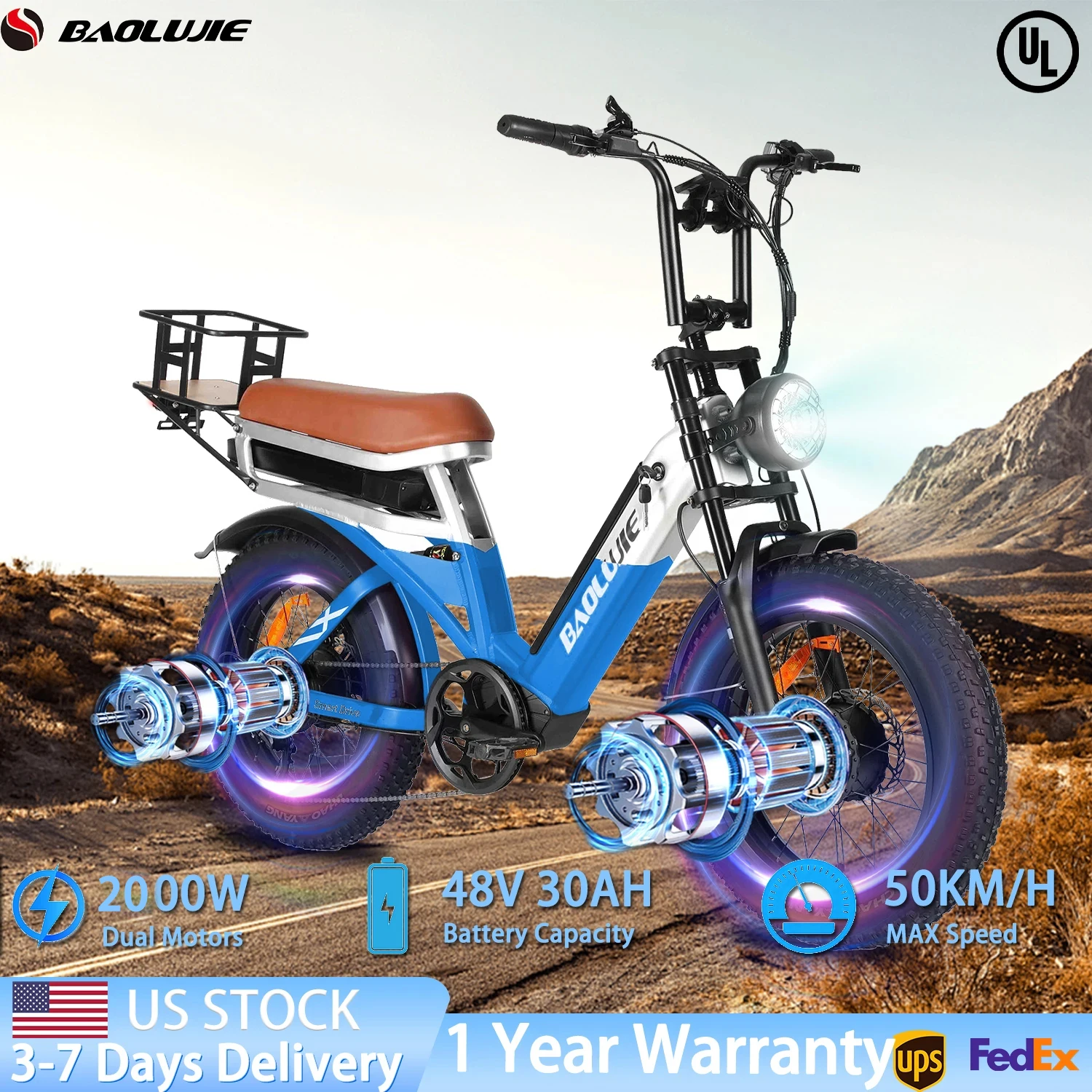 

BAOLUJIE 2033 2000W Dual Motors E bike Electric，Bike for Adults，48V 30AH Electric Bicycle for Commuting UL 2849【1 Year Warranty】