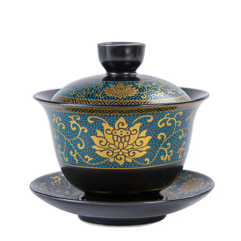 Gold Outline Floral Pattern Tea Tureen Retro Black Glazed Pocelain Sancai Gaiwan Kitchen Teaware Kungfu Tea Cup 170ml