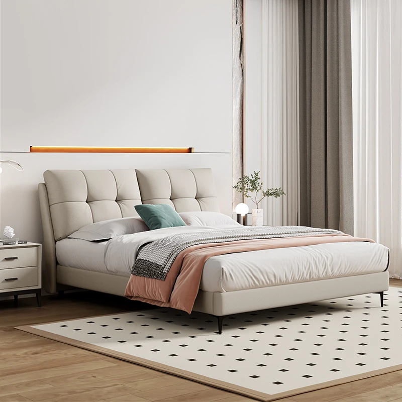 

150x200cm 180x200cm Modern Minimalist Bedroom Genuine Leather Beds Puff Cream Style Double Bed Mattress Bedside Table Furniture