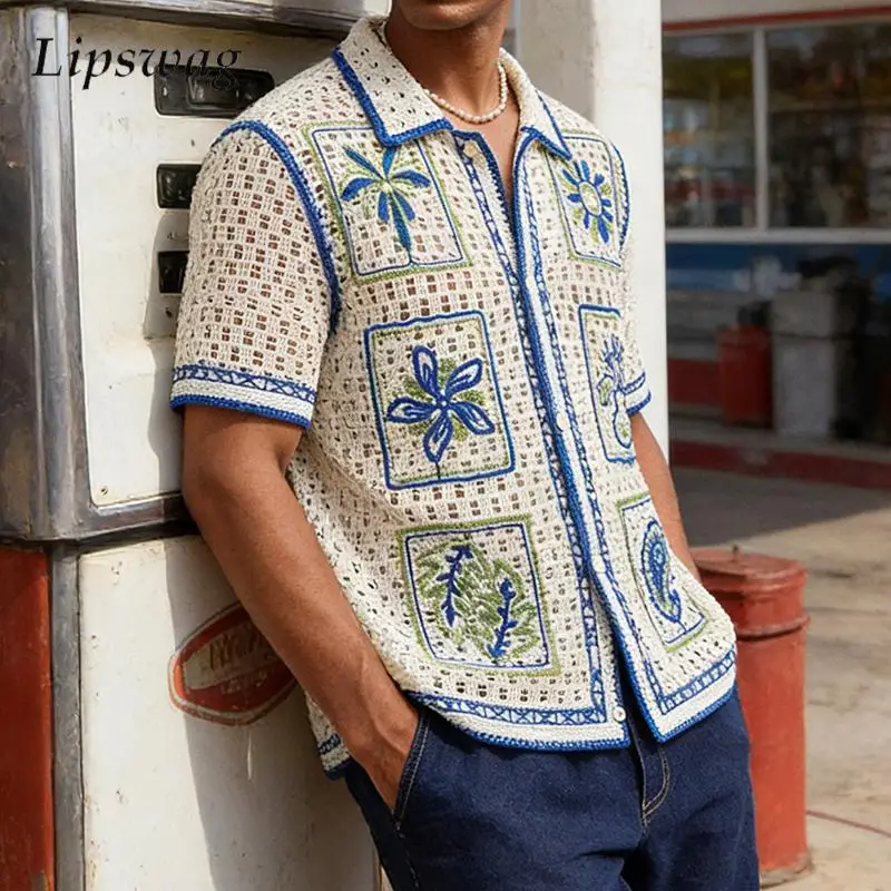 Casual Breathable Short Sleeve Knit Tops Men Stylish Button Turn-down Collar Hollow Out Shirts Mens Spring Sumemr Vintage Shirt