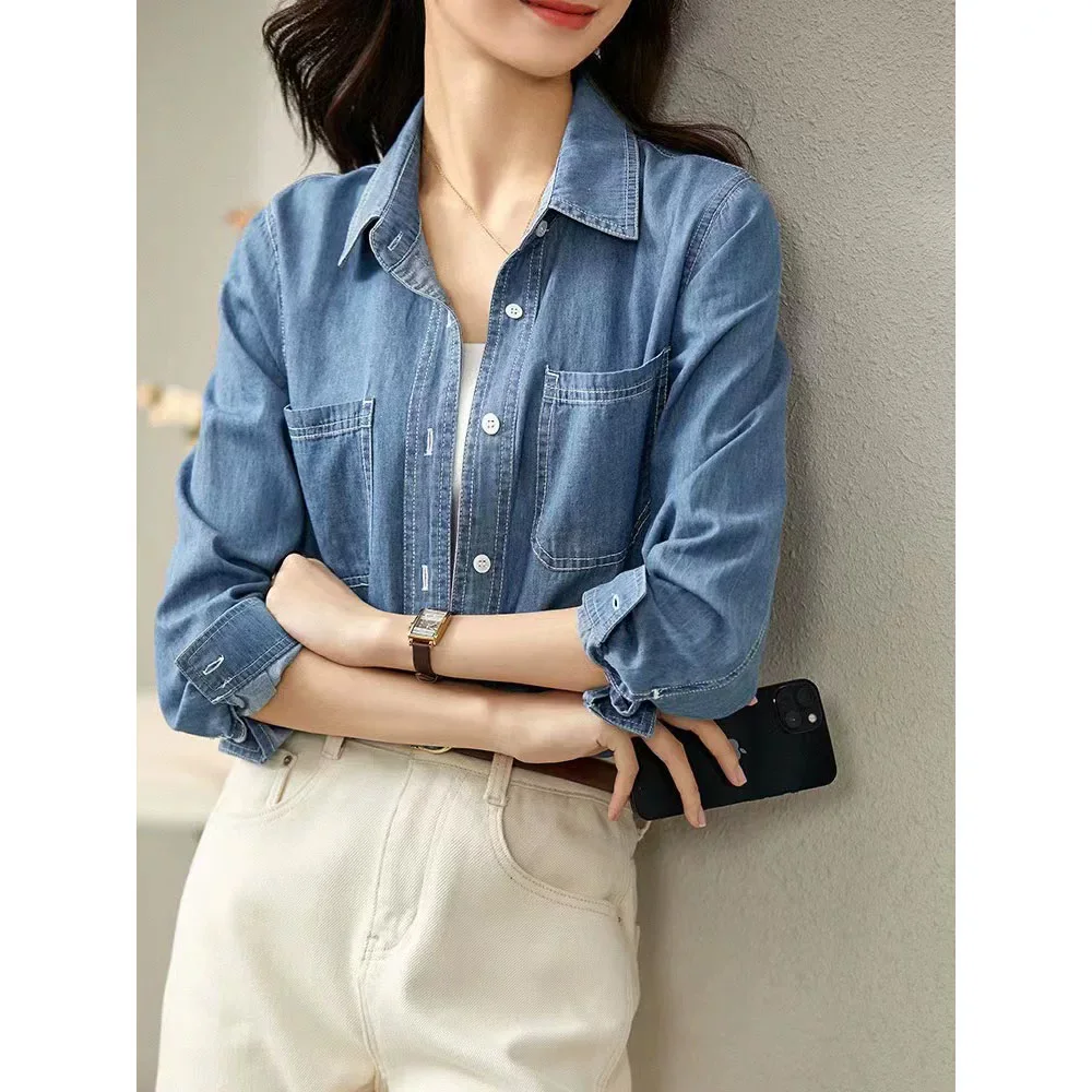 New Women Spring Autumn Long Sleeve Denim Shirt Fashion Turn-down Collar Single Breasted Loose Jeans Shirt Casual Daily Shirt view 4