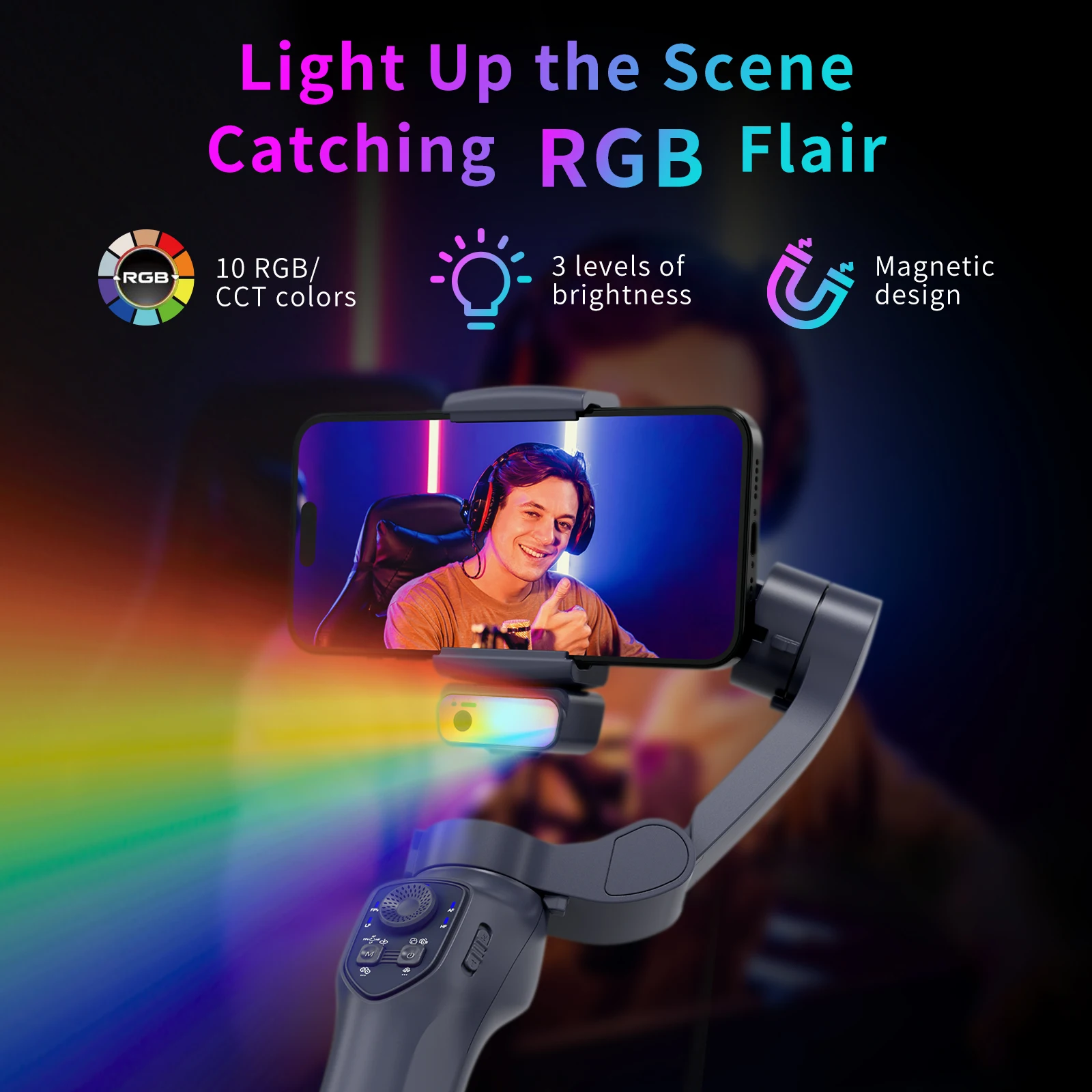 Comitok 3-Axis Gimbal Stabilizer for Smartphone iPhone Android with AI Face Tracking RGB Magnetic Light for TikTok Vlog Portable