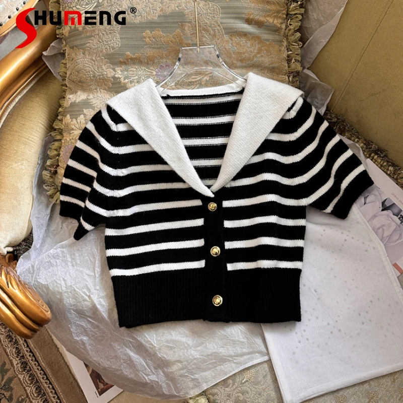 

2024 Early Spring New Ultra Short Knitted Sweater Y2k Clothes Cardigan Sailor Collar Striped Knitwear Short Sleeved Sueter Mujer