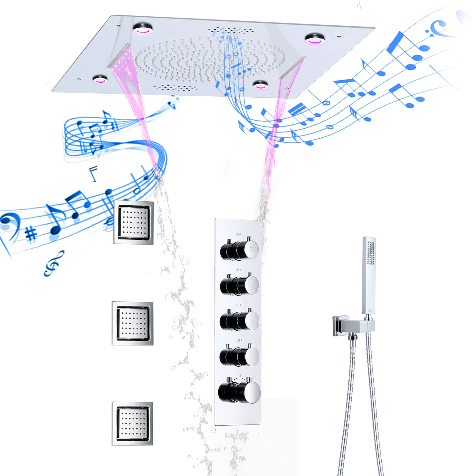 

Chrome-plated shower faucet system nozzle LED music thermostat shower set brass wall-mounted shower set