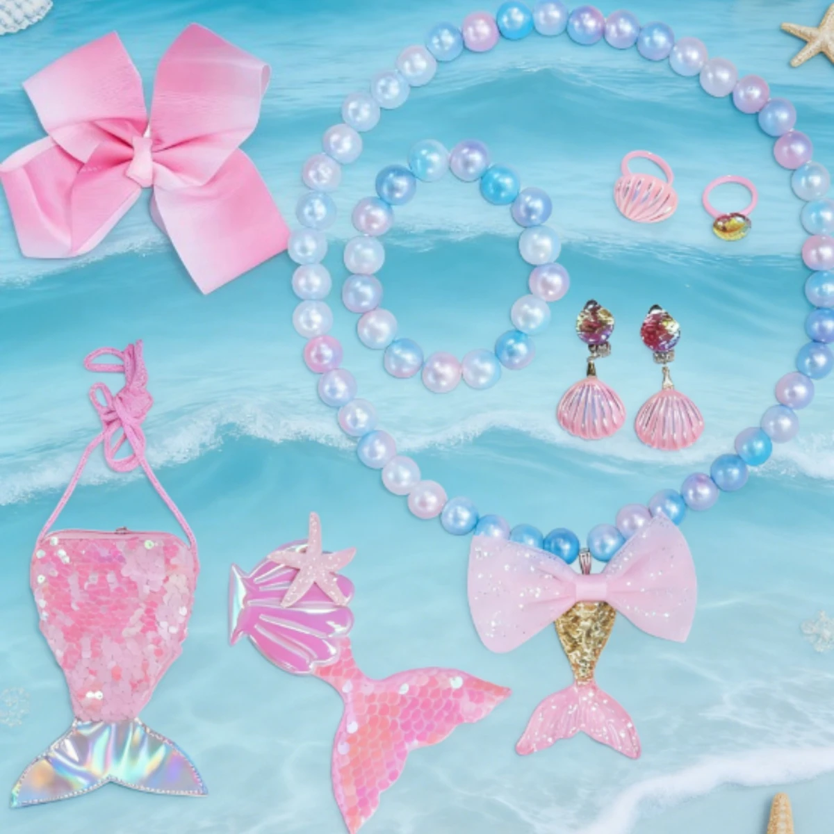 Set di 9 Gioielli da Principessa Sirena per Bambine: Collana, Bracciale, Anello, Orecchini, Borsa e Fermaglio per Capelli per Costume e Feste di Compleanno