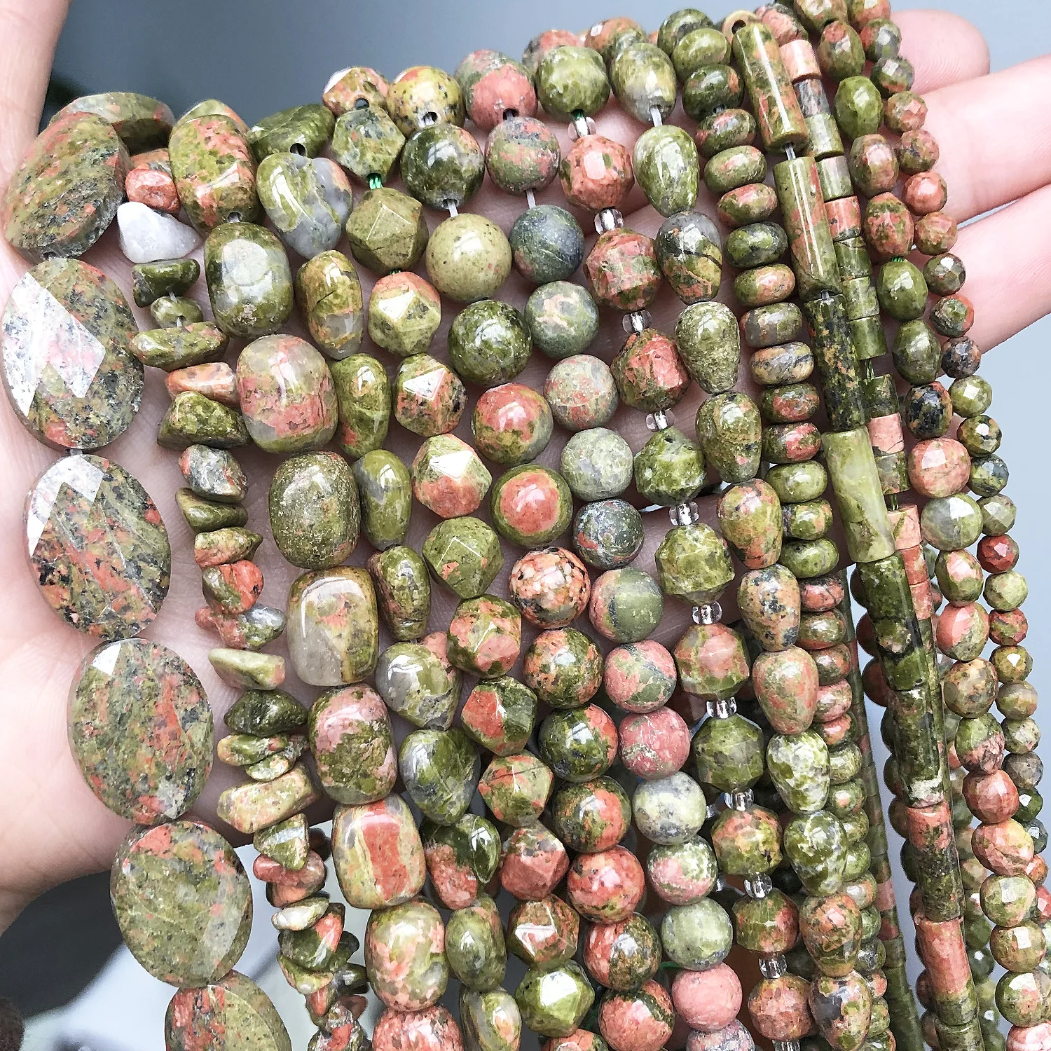 Natural Unakite Stone Cylinder Square Irregular Heart Faceted Round Loose Beads for Jewelry DIY Bracelet Making Accessories