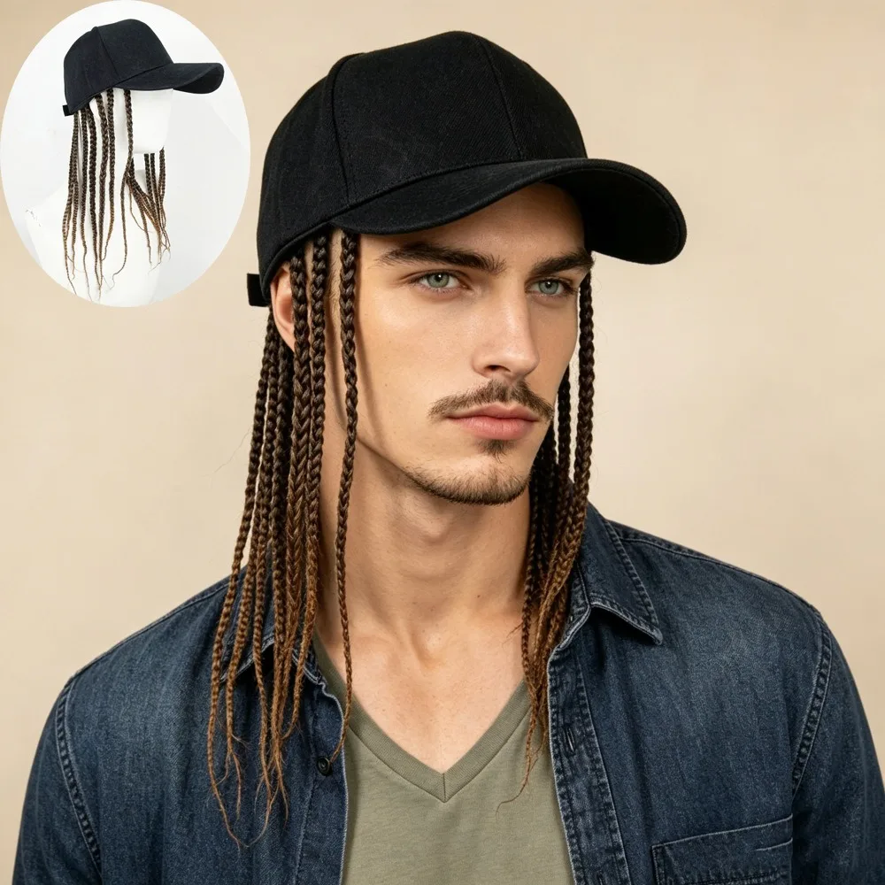 African Dirty Braid Men's Hat Wig One Piece Cap Wig Hip Hop Duck Tongue Hat Box Braid Braid Wig Cover Adjustable Baseball Hat