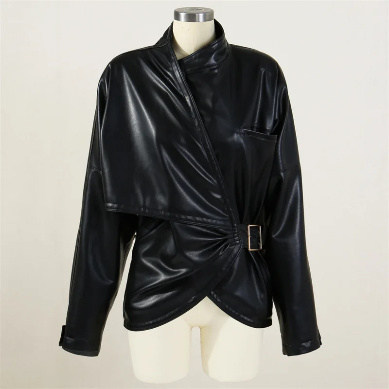 

Women's leather jacket New asymmetrical waistband slim fit long sleeved top for autumn 2025 Artificial leather women's coat y2k