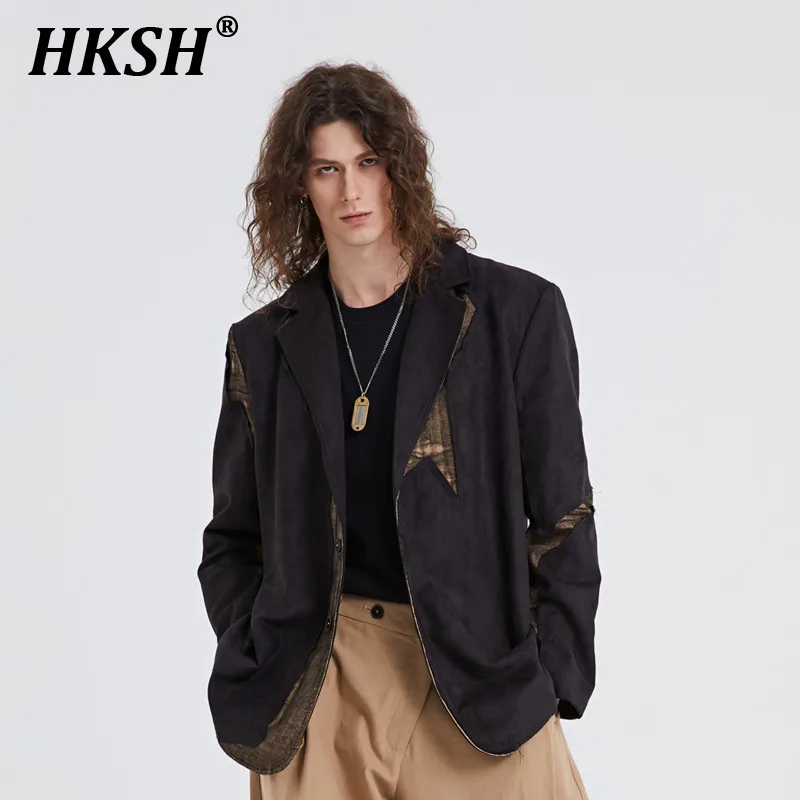 

HKSH Men's Spring Autumn New Casual Suit Niche Design Spliced Coat Deconstruct Suede Patchwork Jacket Tide Punk Blazers HK0949