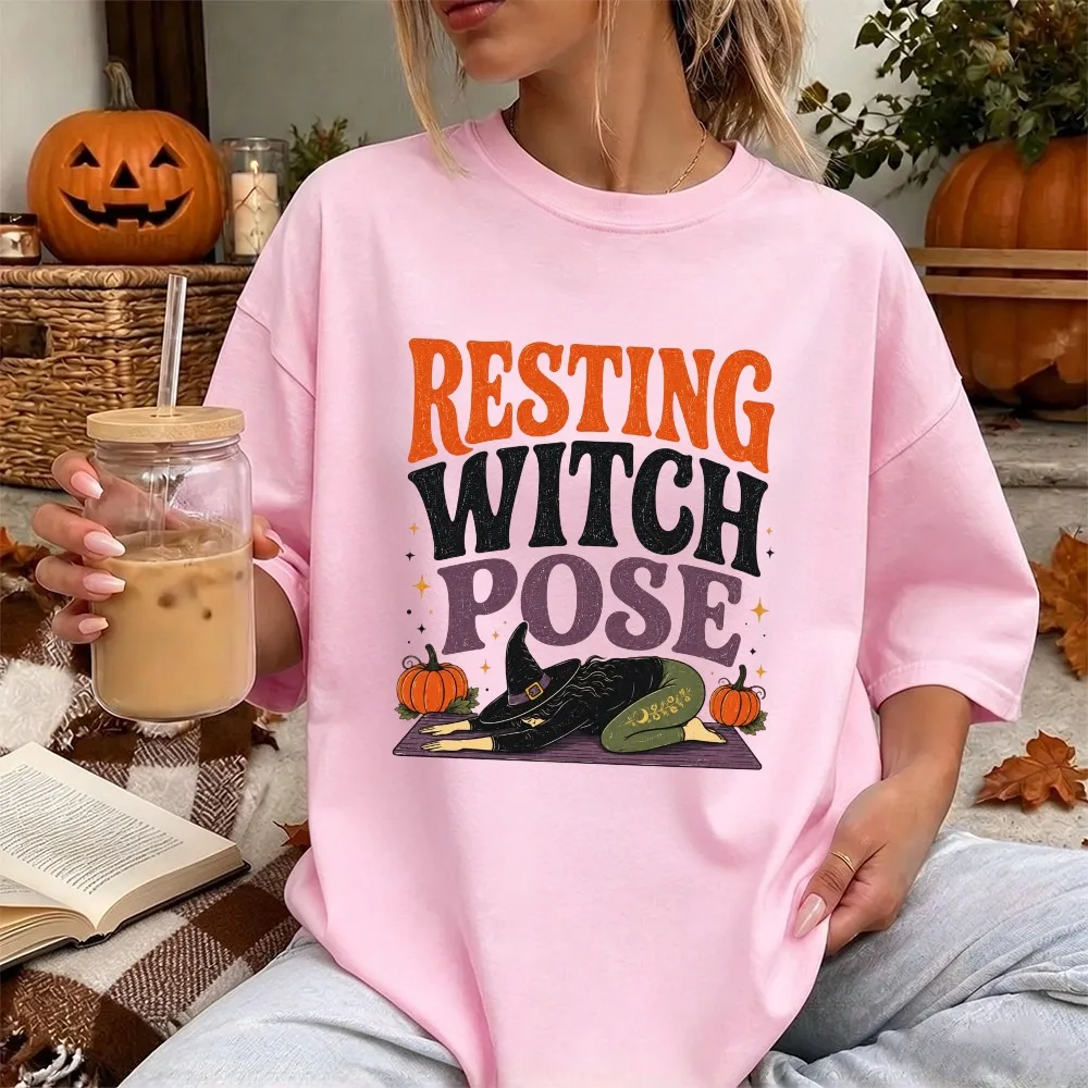 Resting Witch Pose Halloween Graphic Print Casual Unisex Cotton T Shirt Yoga Pose Funny Witchy Aesthetic Tops Women Streetwear