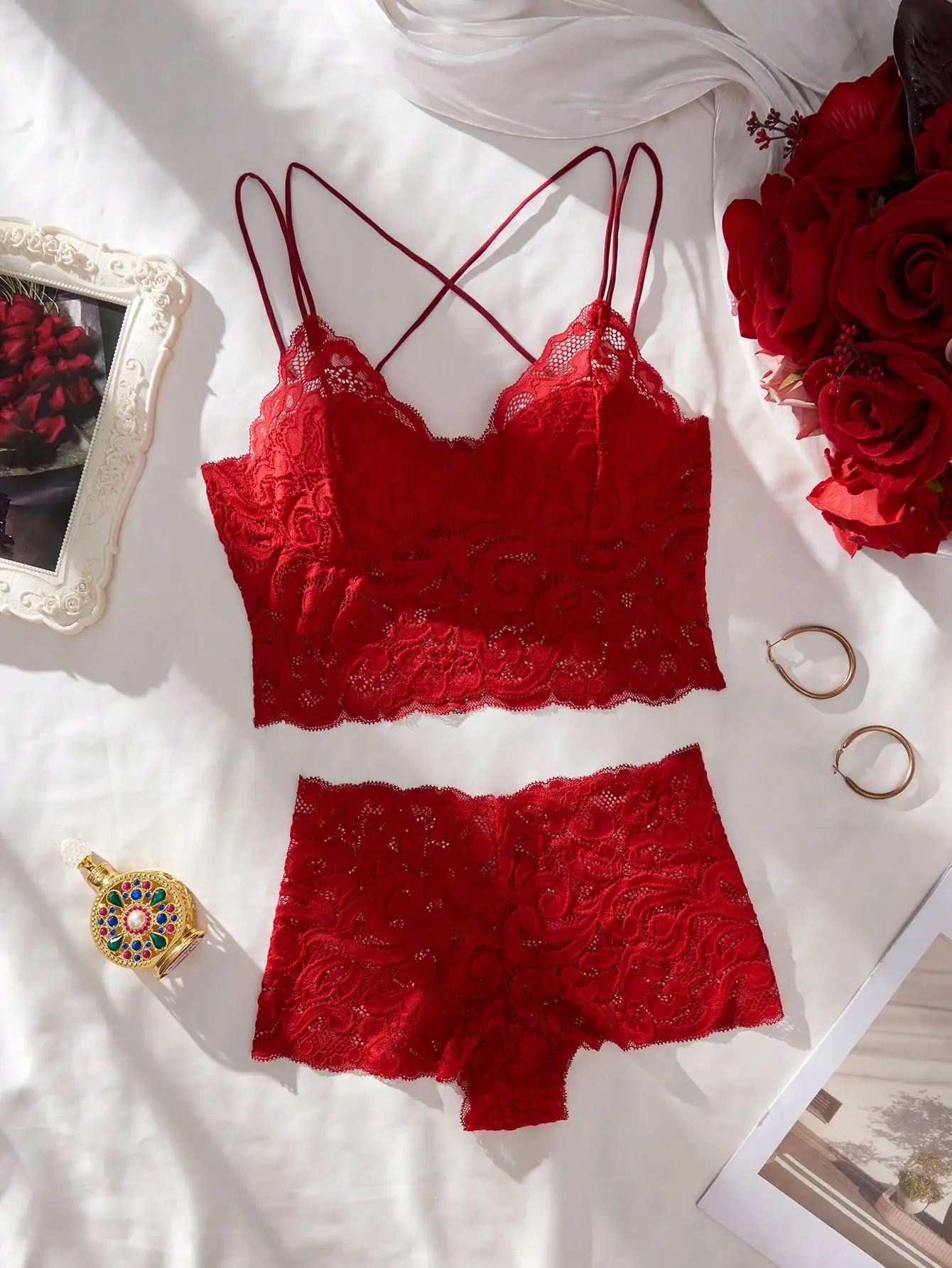 

Red Lace Lingerie Set with Crisscross Straps, Sweetheart Neckline & High-Waist Shorts for Romantic Nights