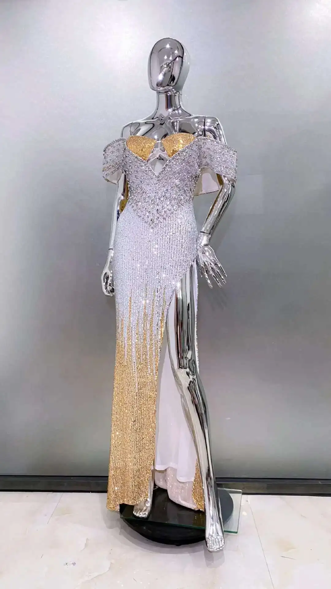 LEOSOXS 2025 Summer Details Sequins Long Maxi Dress Short Sleeves Cut Out Hollow High Slit Bodycon Cocktail Party Evening Gowns