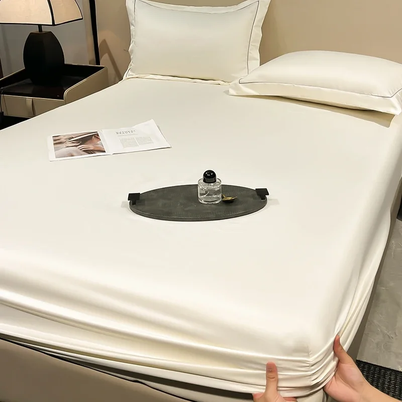 New Artificial Washed Silk Bed Sheet Set with Elastic Band High-quality Silky Queen Fitted Sheet King Size Bedsheet Pillowcases