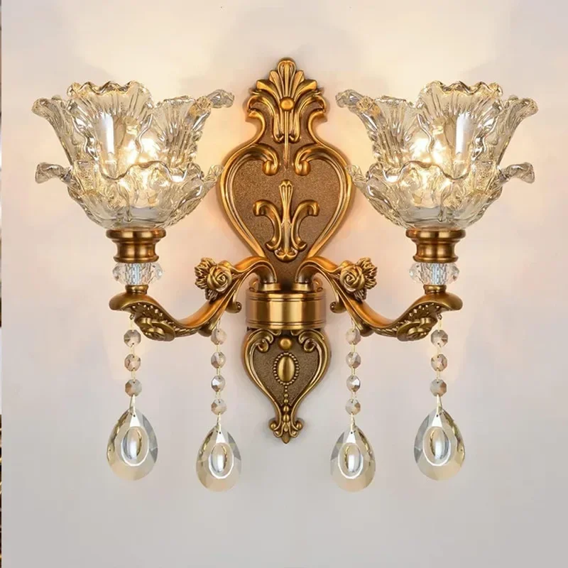2026 New European Style Retro Crystal Glass Wall Lamp Dual Head Living Room Bedroom Indoor Bedside Lamp Corridor Lighting