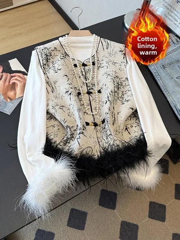 

New Chinese Sle Fce Lined Bamboo Cotton Warm Vest round Ne Bird of Paradise Feather Splicing Embroidered Button Top