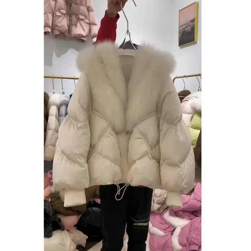 [EWQ] Korean Spliced Big Fur Collor Design Cotton-padded Coat Women Winter Flully Keep Warm Parkas Outerwears 2024 New 16O3131