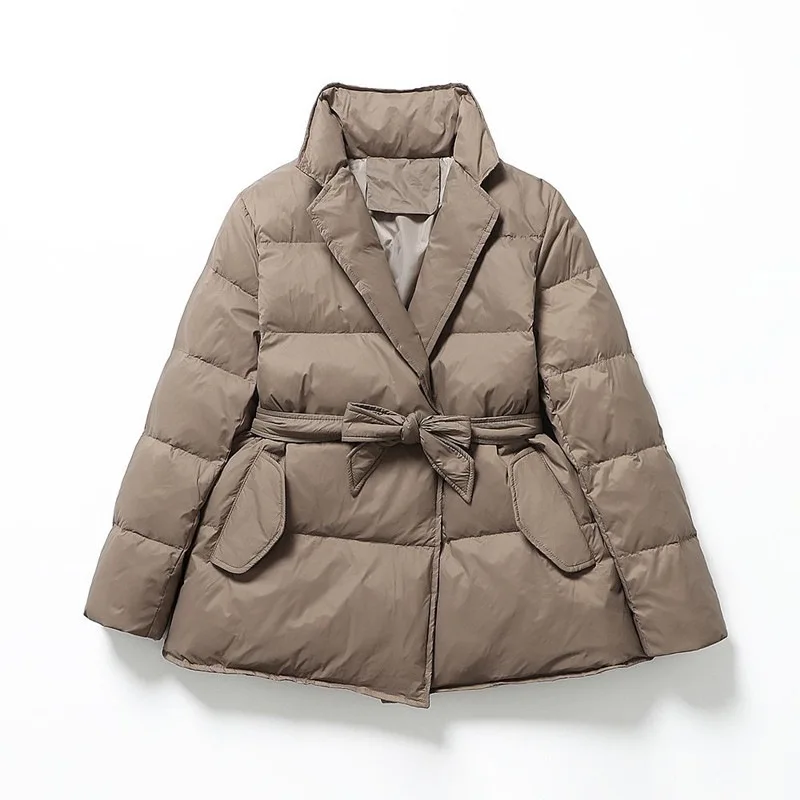 

Short Style with Waist Belt Stylish Thick White Duck Down Coat Winter New Turn Collar White Duck Down Jacket for Women