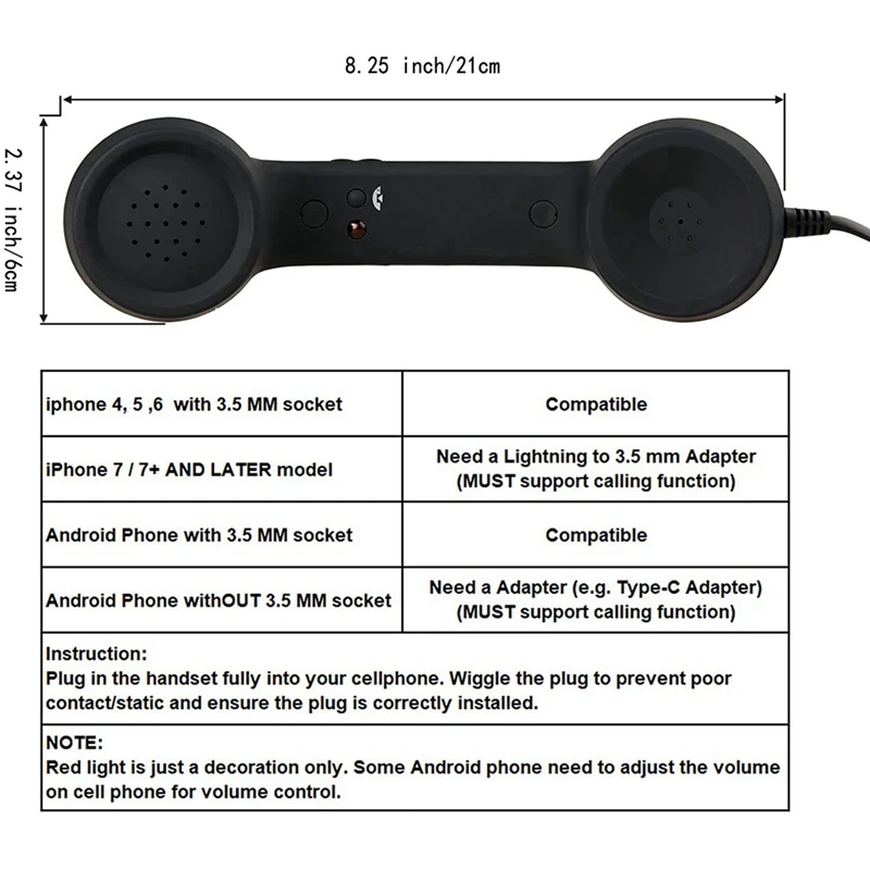 سماعة الهاتف الرجعية خمر ، استقبال الهاتف الخليوي ، ميكروفون ميكروفون للهاتف المحمول الهاتف الذكي ، مقبس 3.5 مللي متر ، أسود ، 2 قطعة