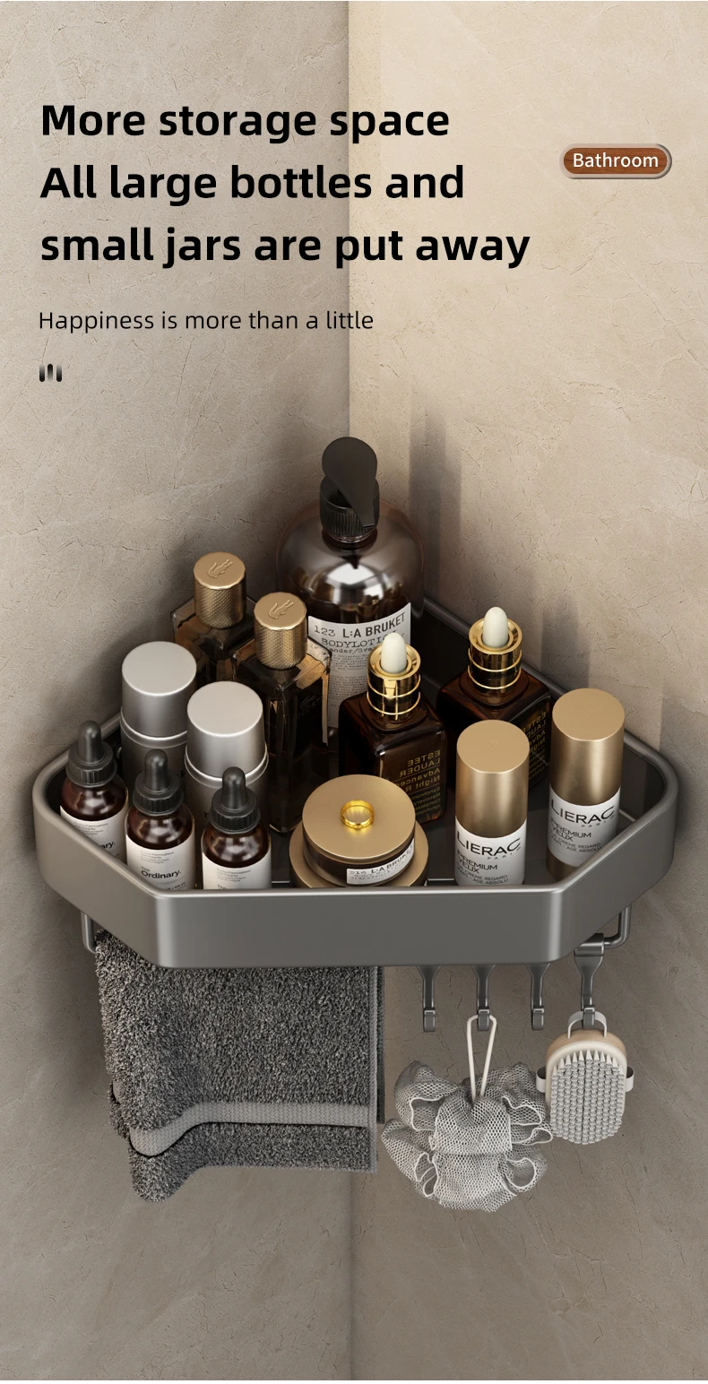 Badezimmerregal ohne Bohren, Eckraum, Aluminium-Lagerregal, Wandmontage, dreieckiger Korb, Duschraum, Aufbewahrungsorganisator FR2006 – Detail 7