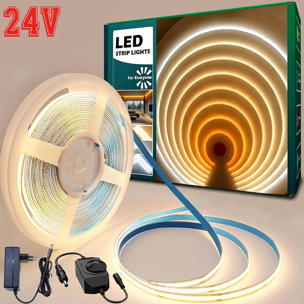 

Светодиодная лента COB 24В, теплый белый свет, с адаптером питания, 120 светодиодов/м, гибкая, с регулируемой яркостью и диммером