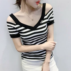 2023 Summer European Clothes High Quality Cotton T-Shirt Chic Sexy V-Neck Stripe Women Tops Short Sleeve All Match Tees 34089