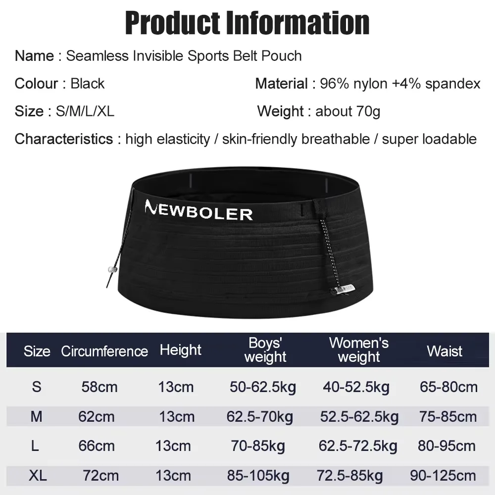 NEWBOLER Invisible Waist Bag Lightweight Breathable Elastic Running Phone Bag Foldable Gym Waist Belt Bag Portable Cycling Bag