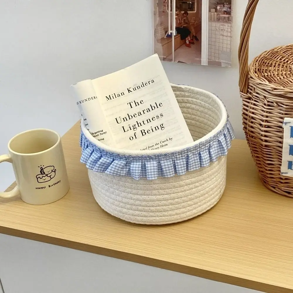 Trendy Blue Sundries Storage Baskets Cotton Rope INS Lace Snacks Basket Cloth Organizer Cute Desktop Organizer Box Bedroom