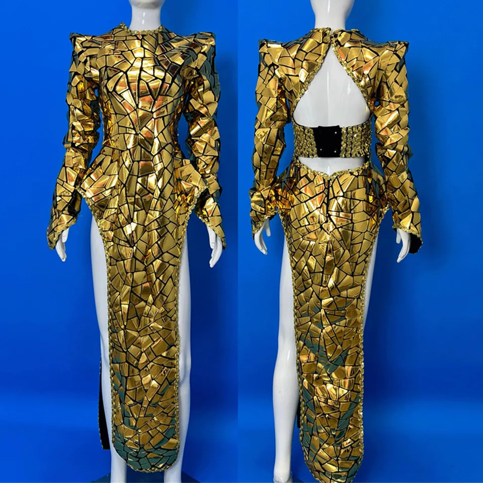 

Gold Mirror Laser Slit Dress Bar Nightclub Singer Concert Performance Dance Clothes Party Show Rave Outfit Drag Queen Costume