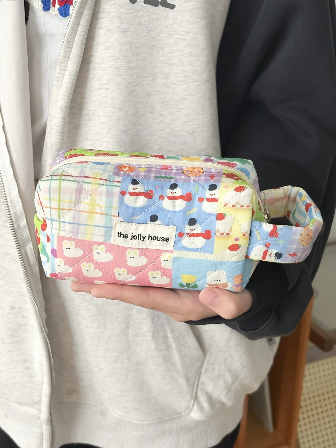 YT Cute Cartoon Print Student Portable Stationery Storage Bag, Color-Block Cake Octagonal Bag, High-Value Storage Bag, Pencil Ca