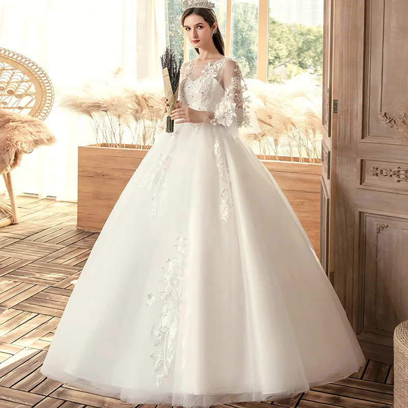 Leichte Applikationen plus Größe Brautkleid klassische O-Ausschnitt Organza Tallas Grandes Vestidos de Novia boden langes Ballkleid