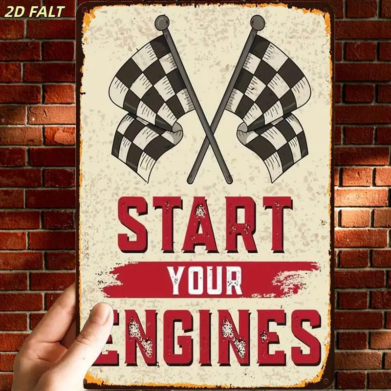 Vintage 2D Flat Metal Tin Sign, Engine Start Wall Plaque, Retro Theme Wall Decor, Indoor & Outdoor Hanging Art for Man Cave Work