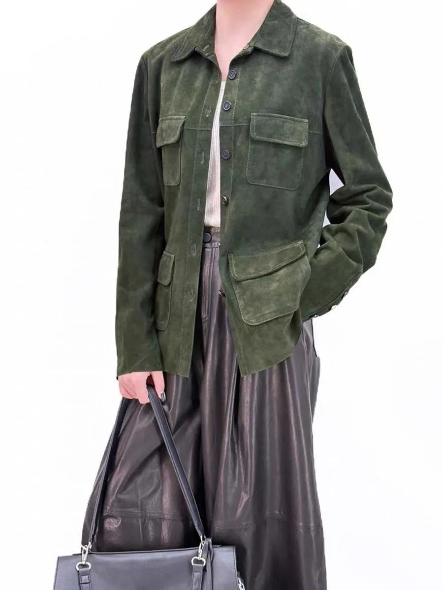 

Elegant High-end Kid Suede Leather Jacket for Woman Auburn Square Neck Single Breasted Coat with Female Outwears