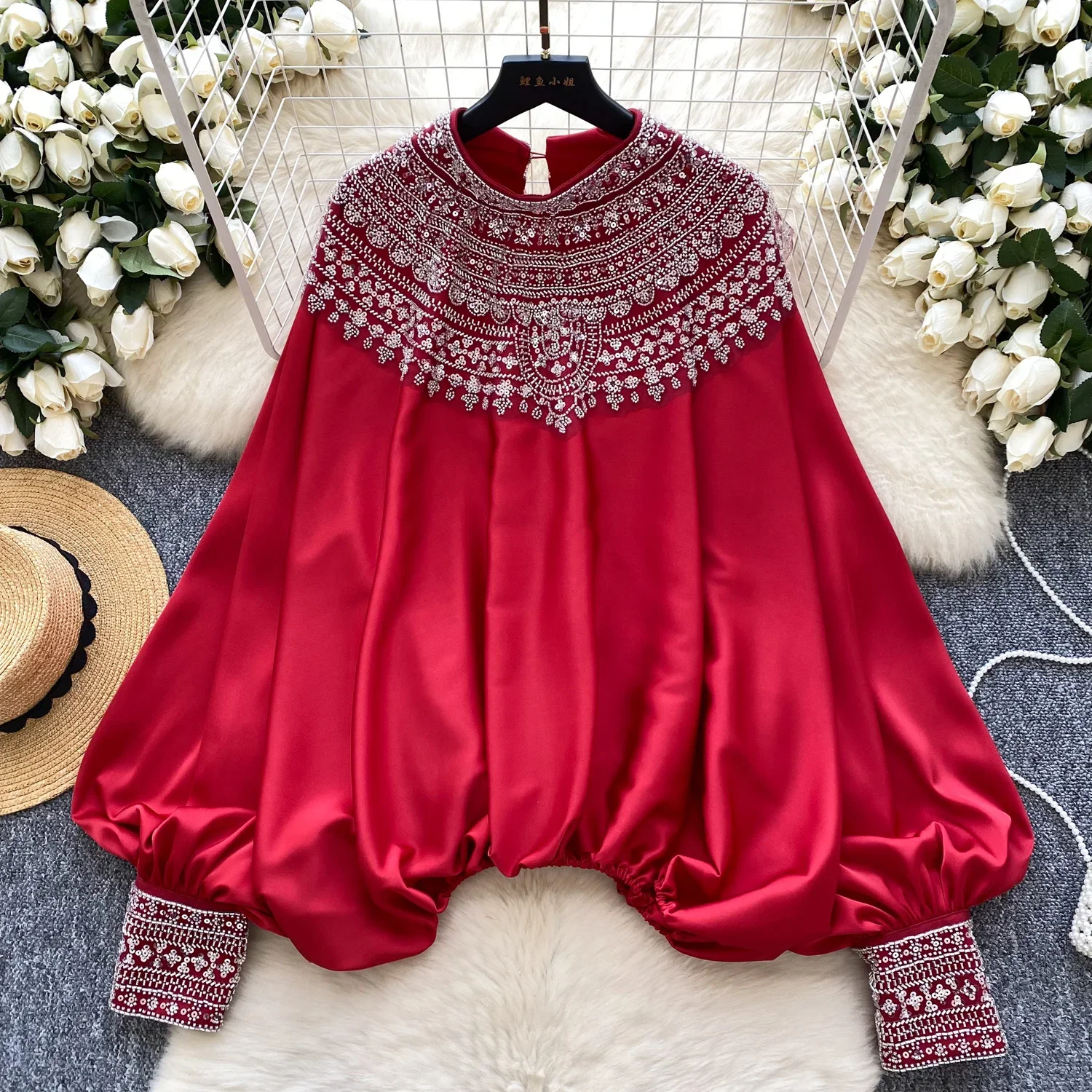 French Court Shirt Women's High-end Heavy Industry Beaded Sequins Loose Bat Sleeves Satin Tops for Women Fashion Elegant