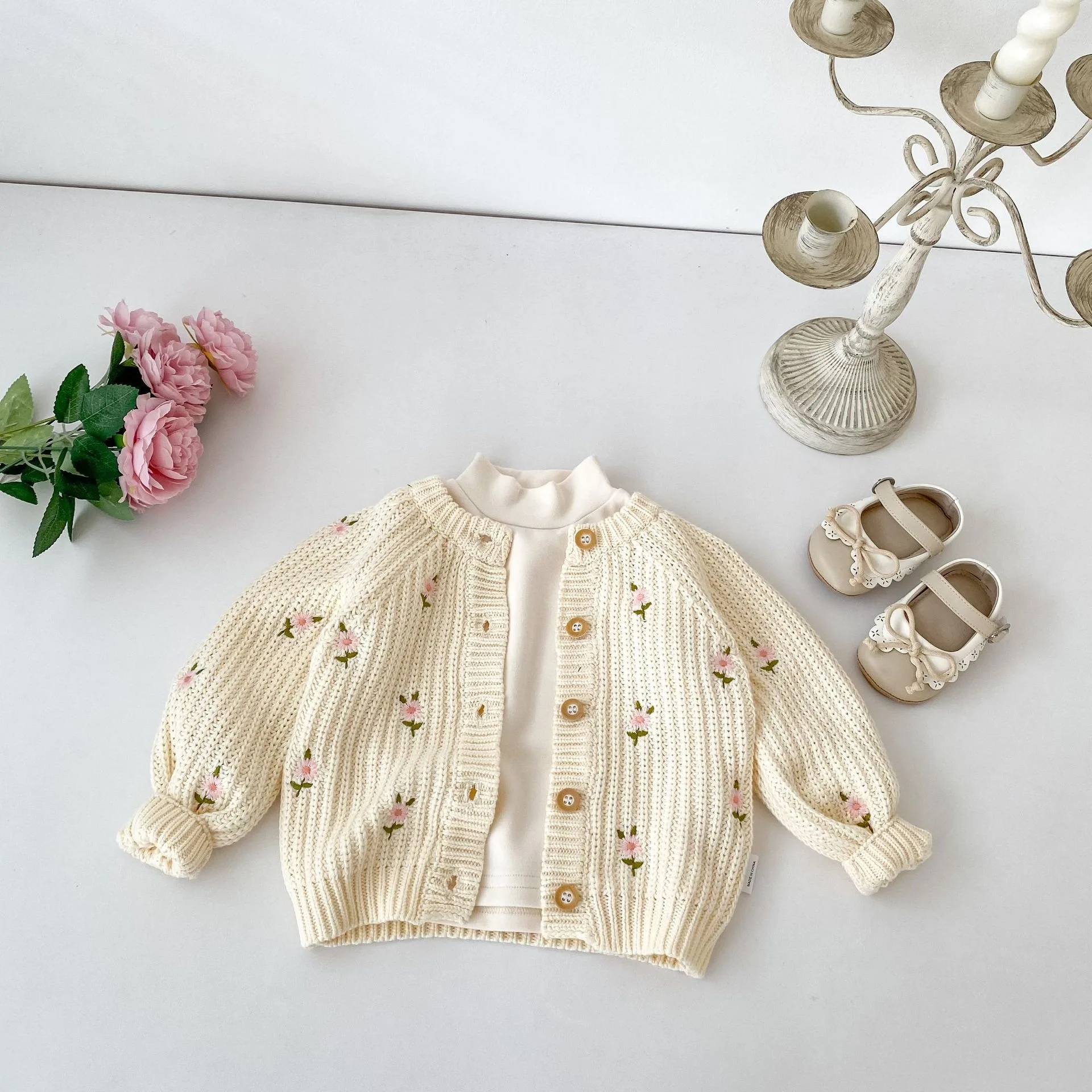2026 Autumn New Baby Long Sleeve Knitted Coat Girls Cute Flower Embroidery Sweater Cardigan Cotton Infant Toddler Clothes
