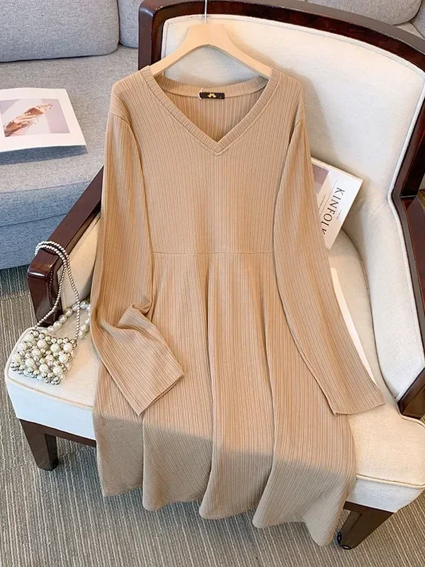 

6XL 7XL 175kg Big Size Women Clothing Large Women V-neck Long Sleeve Dresses Spring Autumn Chubby Female Dropped Knitted Dresses