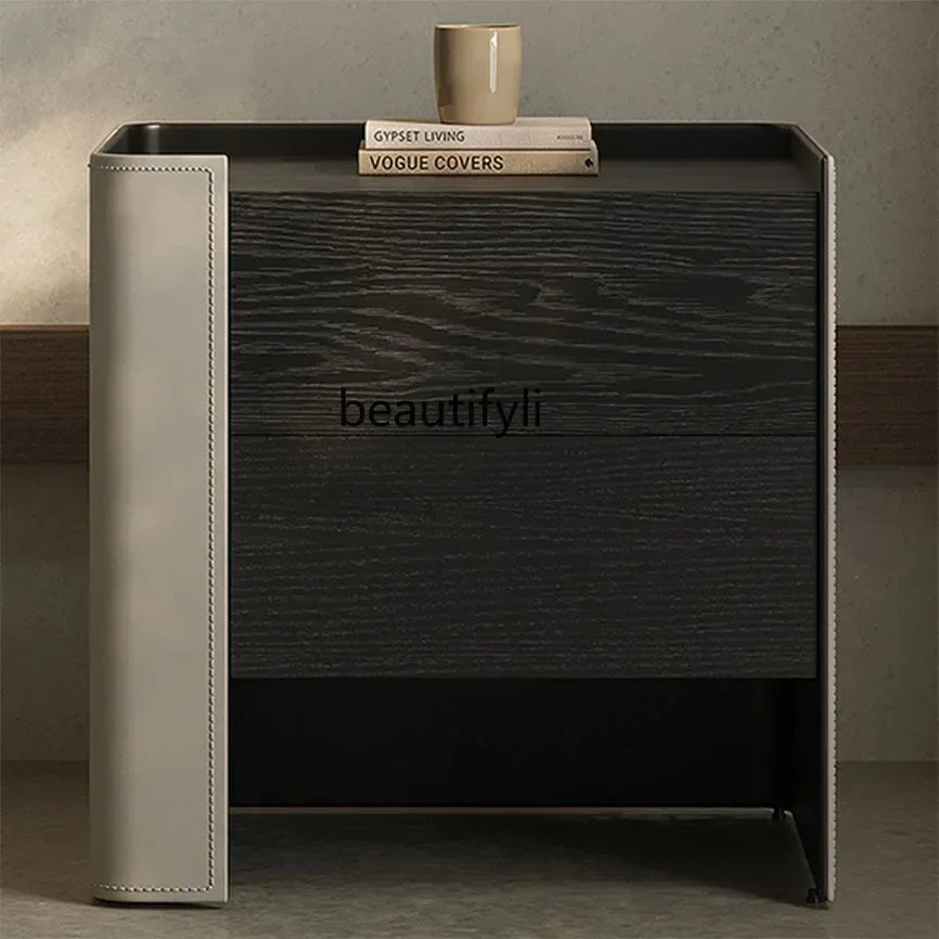 

z11Italian light luxury solid wood bedside table leather saddle leather smoky color bedroom storage locker