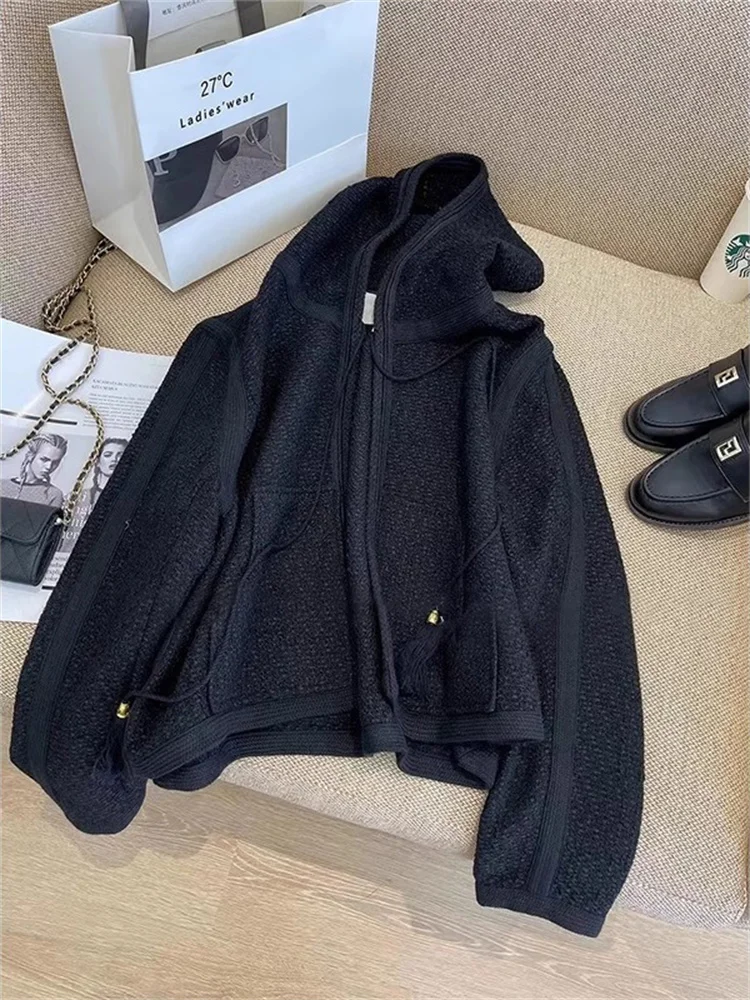 

Retro Bla Hooded Jaet Dstring Loose Slimming Open Cardigan for Men And Women Autumn Winter Design Sense Comfortable Kn...