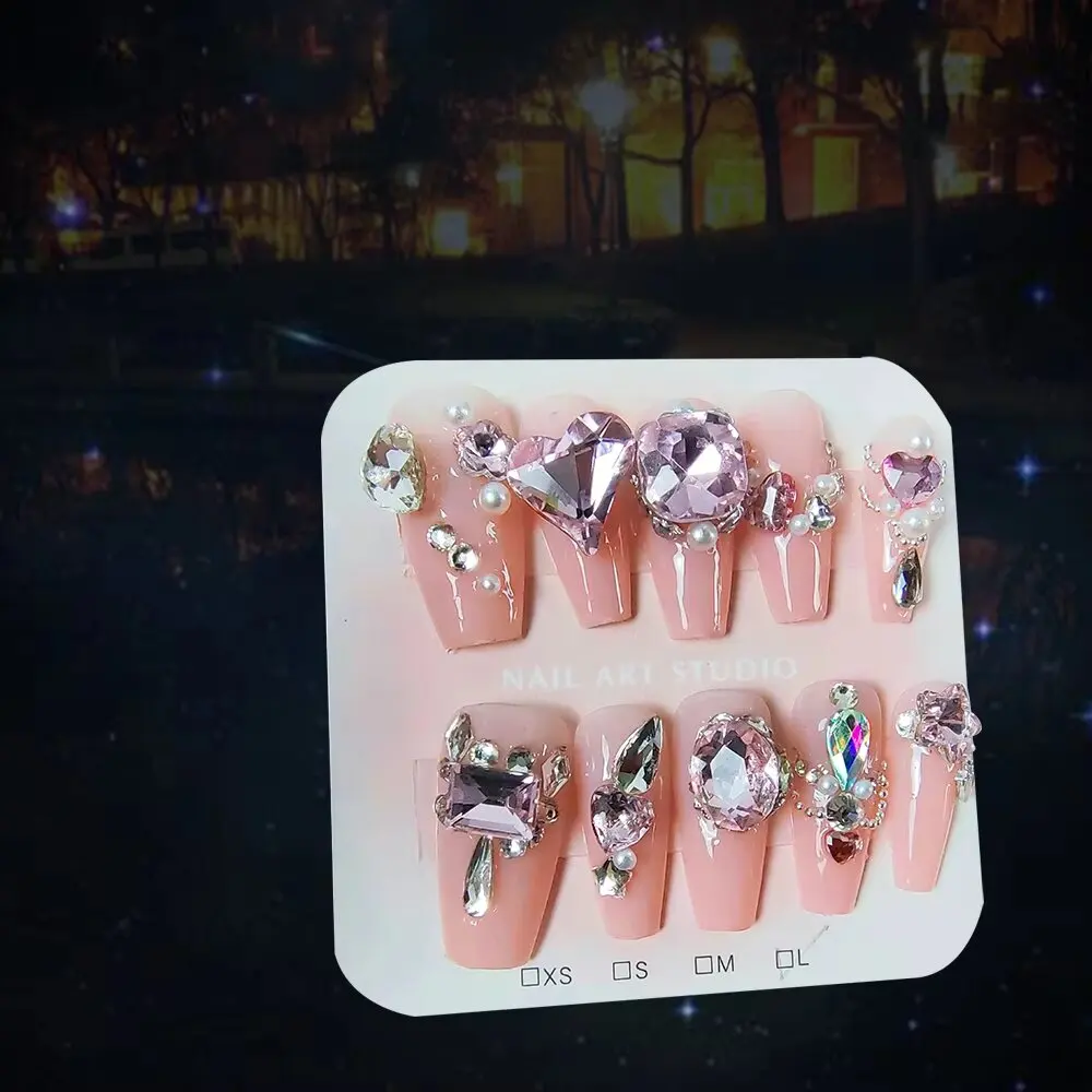 Elegante rosa strass imprensa em unhas brilhante glitter unhas falsas com decoração de pérola para festa de casamento moda diária